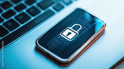 A smartphone displaying a padlock symbol, representing digital security and data protection on a computer desk.