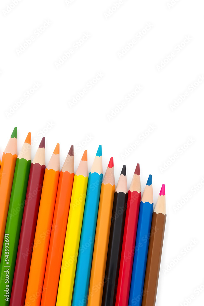 A vibrant collection of colored pencils arranged in a row, showcasing a variety of colors including red, blue, green, yellow, and orange against a white background. A vibrant collection of colored pencils arranged in a row, showcasing a variety of colors including red, blue, green, yellow, and orange against a white background.