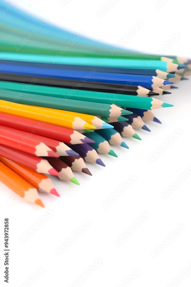 A vibrant collection of colored pencils arranged in a row, showcasing a variety of colors including red, blue, green, yellow, and orange against a white background. A vibrant collection of colored pencils arranged in a row, showcasing a variety of colors including red, blue, green, yellow, and orange against a white background.
