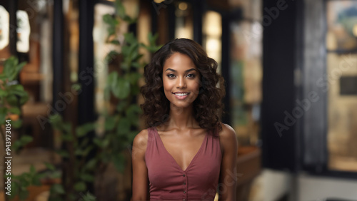 Radiant young Black American businesswoman with flawless skin and natural beauty. Brunette with neat hair and a warm smile, gazing confidently at camera. Perfect for professional and beauty campaigns