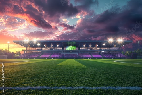 A stadium with a green field and a purple sky