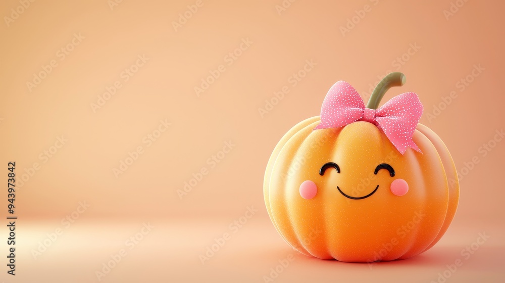 Adorable 3D Pumpkin with Bow and Happy Face on Minimal Background Adorable 3D Pumpkin with Bow and Happy Face on Minimal Background