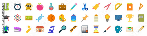 School supplies icon set. Back to school. Cartoon style.