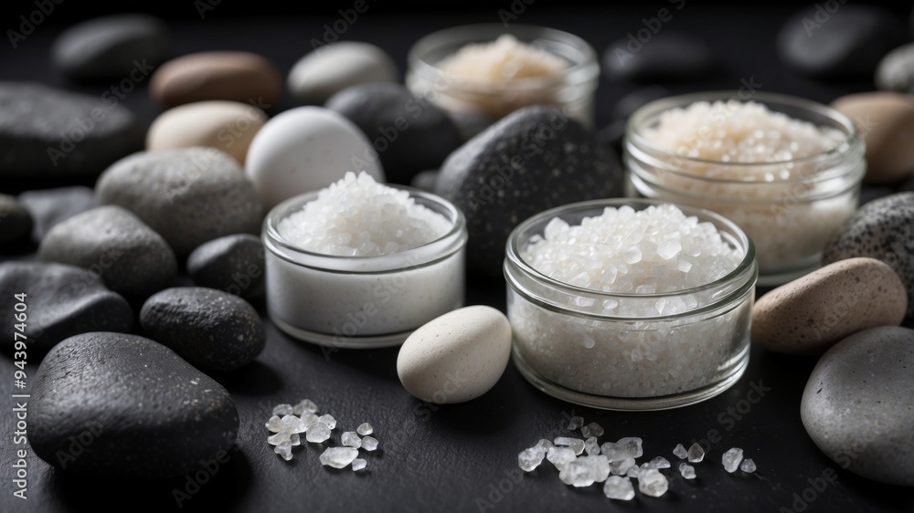Assorted black and white salts with rocks on a dark surface. Assorted black and white salts with rocks on a dark surface.