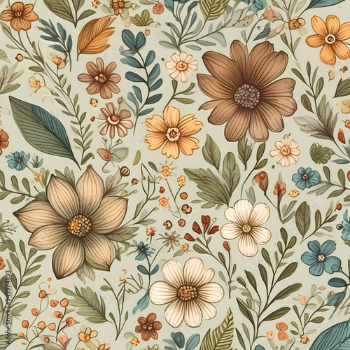 seamless pattern with ditsy florals, watercolor flowers in muted colors