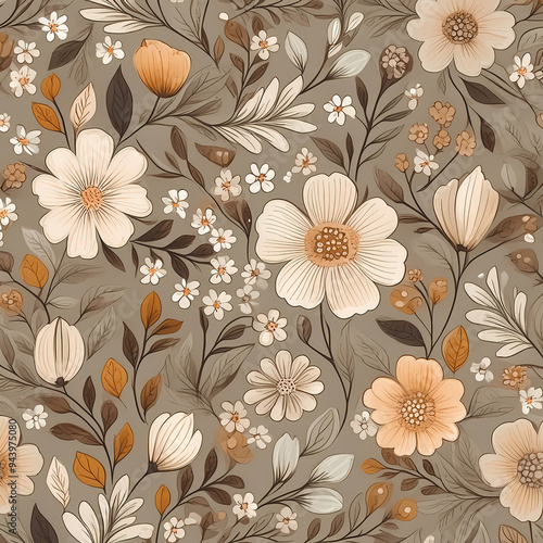 seamless pattern with ditsy florals, watercolor flowers in neutral colors