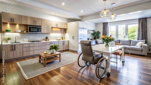 A spacious, well-lit apartment with modern amenities, wheelchair-accessible kitchen, and adapted bathroom, showcasing a comfortable living space for individuals with mobility needs.