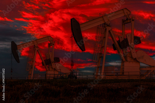 Two pumpjacks against a dramatic fiery red sky with glowing clouds at sunset, West of Airdrie; Alberta, Canada photo