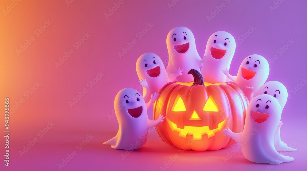 Playful Ghosts Celebrating Halloween with Joyful Jack o Lanterns Playful Ghosts Celebrating Halloween with Joyful Jack o Lanterns