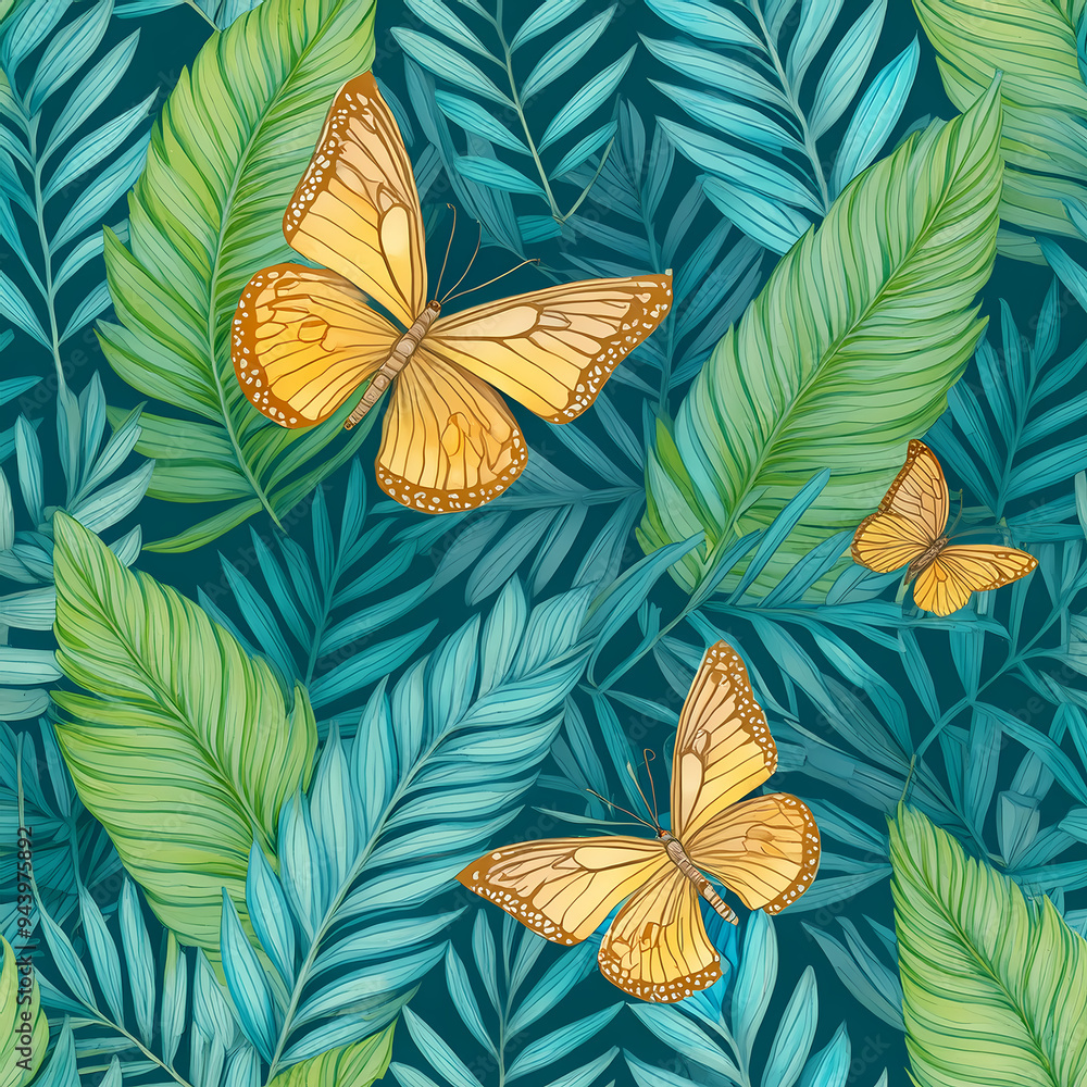 pattern with tropical leaves and butterflies pattern with tropical leaves and butterflies