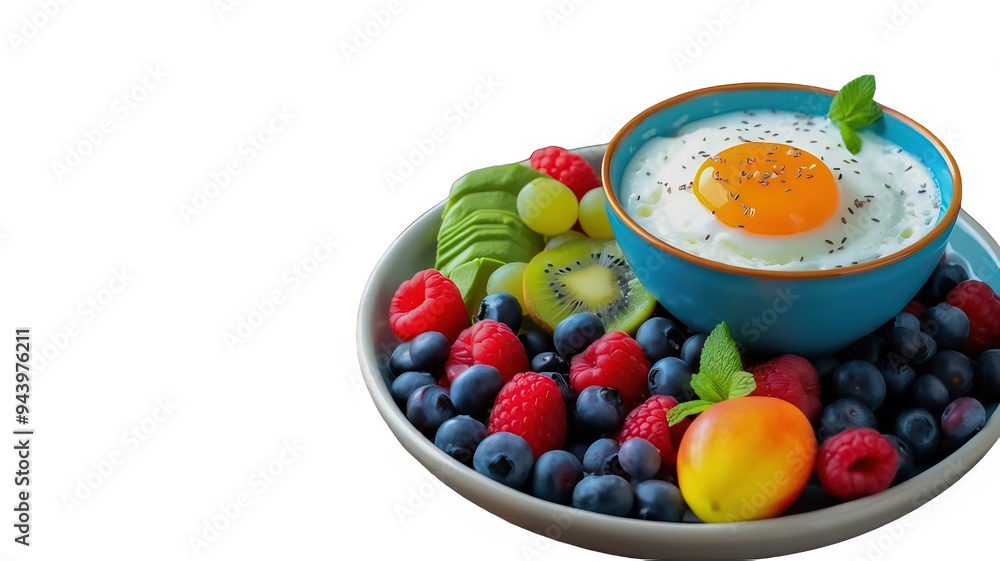 Colorful overhead shot of breakfast spread on rustic wooden table. with granola topped with berries and yogurt, avocado toast with poached egg_PNG Colorful overhead shot of breakfast spread on rustic wooden table. with granola topped with berries and yogurt, avocado toast with poached egg_PNG