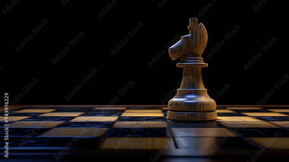 Wooden Chess Knight on Chessboard Wooden Chess Knight on Chessboard