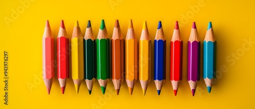 Colorful Pencils Row on Yellow Background