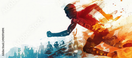 Digital illustration depicting a runner in motion with a crowd of cheering spectators in the background. Image is a double exposure, showcasing a dynamic and energetic scene