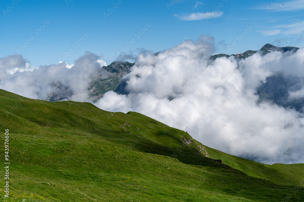 Clouds obstruct the view at the Royal Walk viewpoint hike in Mannlichen Switzerland Clouds obstruct the view at the Royal Walk viewpoint hike in Mannlichen Switzerland