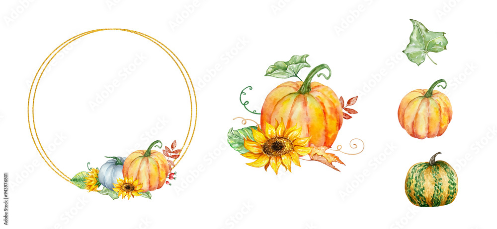 Watercolor autumn gold frames set with pumpkins and fall leaves Watercolor autumn gold frames set with pumpkins and fall leaves