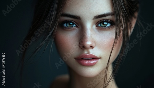 Wallpaper Mural Brunette on a Dark Background with Intense Stare and Soft Lighting Torontodigital.ca