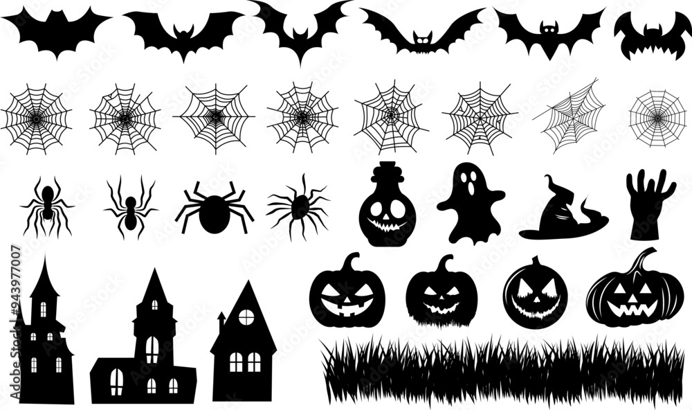 Large set of Halloween themed silhouettes. Hand drawn Halloween themed decor elements: pumpkins with carved faces, cobwebs, spiders, bats, old haunted houses, etc. Large set of Halloween themed silhouettes. Hand drawn Halloween themed decor elements: pumpkins with carved faces, cobwebs, spiders, bats, old haunted houses, etc.