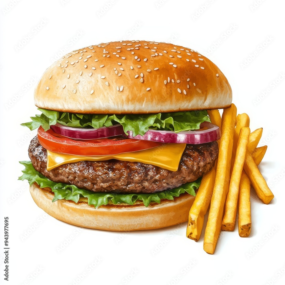 Classic cheeseburger with lettuce, tomato, onion, and french fries. Classic cheeseburger with lettuce, tomato, onion, and french fries.