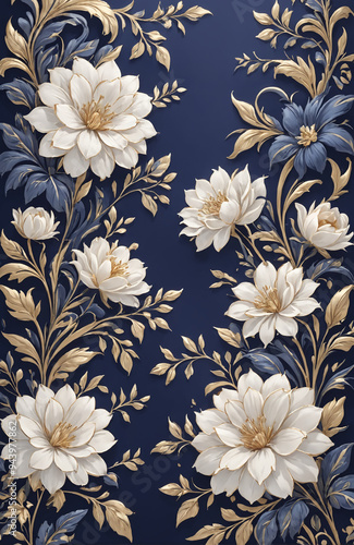 vintage royal navy blue with elegant white and gold flowers pattern