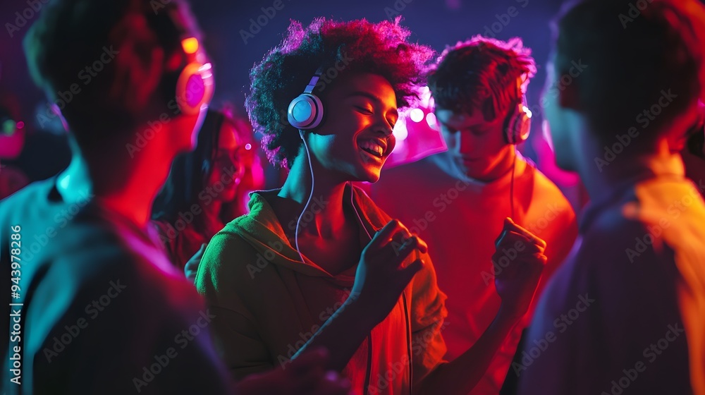 A diverse group of young people having a dance party in a warehouse, headphones on, with pulsating, colorful sound waves reflected in the dim, dramatic lighting, energetic and high-spirited mood, A diverse group of young people having a dance party in a warehouse, headphones on, with pulsating, colorful sound waves reflected in the dim, dramatic lighting, energetic and high-spirited mood,