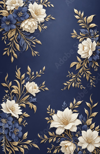 vintage royal navy blue with elegant white and gold flowers pattern