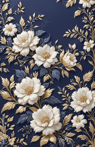 vintage royal navy blue with elegant white and gold flowers pattern