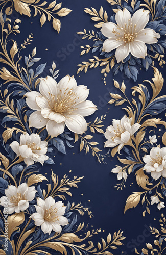 vintage royal navy blue with elegant white and gold flowers pattern