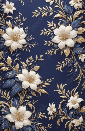 vintage royal navy blue with elegant white and gold flowers pattern