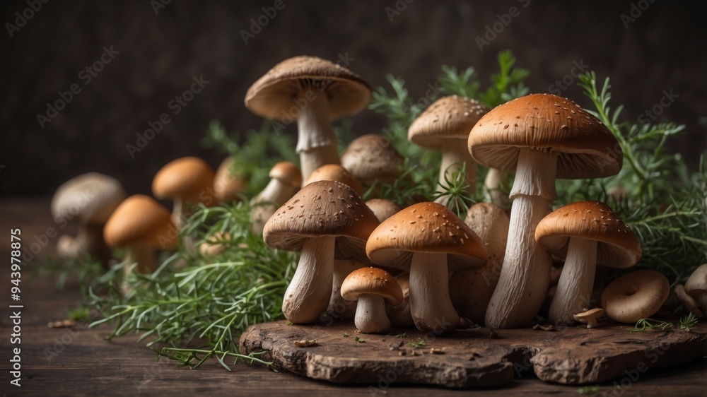 Assorted mushrooms and herbs on rustic surface. Assorted mushrooms and herbs on rustic surface.