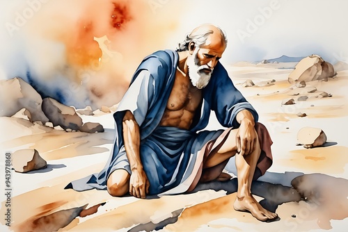 digital watercolour painting and illustration of biblical story about Job lost his wealth and children, then Job contracted leprosy which was difficult to cure photo