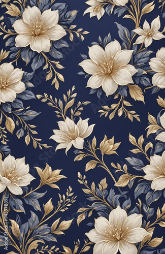 vintage royal navy blue with elegant white and gold flowers pattern