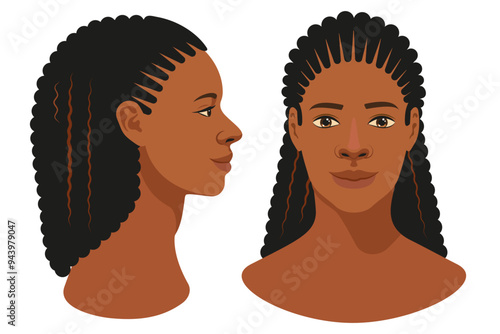 Flat Vector Illustration of a Woman's Face in Front and Side Profile with Braided Hair