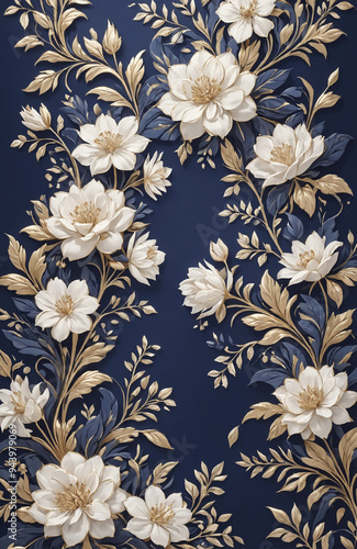 vintage royal navy blue with elegant white and gold flowers pattern