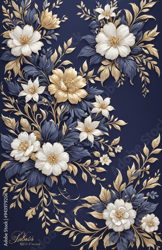 vintage royal navy blue with elegant white and gold flowers pattern