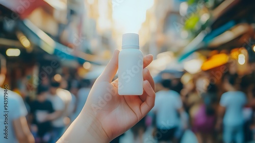 A close-up of a hand holding a small white sunscreen mockup bottle with a busy marketplace blurred in the background, bright, direct sunlight casting sharp shadows, detailed realism with a focus on