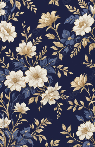vintage royal navy blue with elegant white and gold flowers pattern