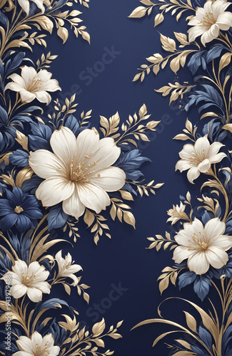 vintage royal navy blue with elegant white and gold flowers pattern