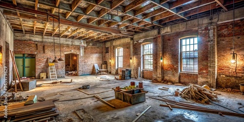 A sprawling, dimly lit, and partially demolished interior space with exposed brick, torn drywall, and scattered tools, awaiting transformation and renewal. photo