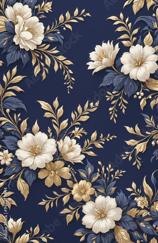 vintage royal navy blue with elegant white and gold flowers pattern