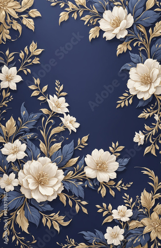 vintage royal navy blue with elegant white and gold flowers pattern