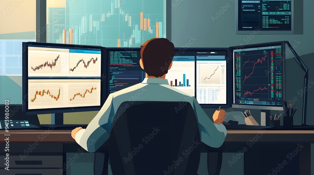 Stock Market Trader Analyzing Financial Data on Multiple Monitors Stock Market Trader Analyzing Financial Data on Multiple Monitors