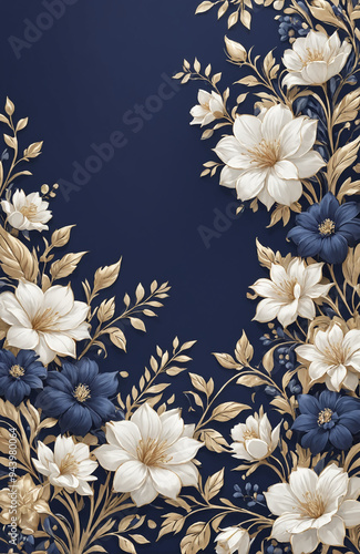 vintage royal navy blue with elegant white and gold flowers pattern