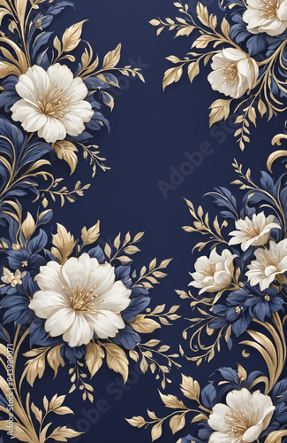 vintage royal navy blue with elegant white and gold flowers pattern