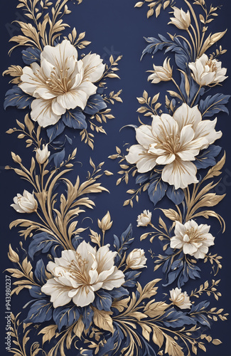 vintage royal navy blue with elegant white and gold flowers pattern