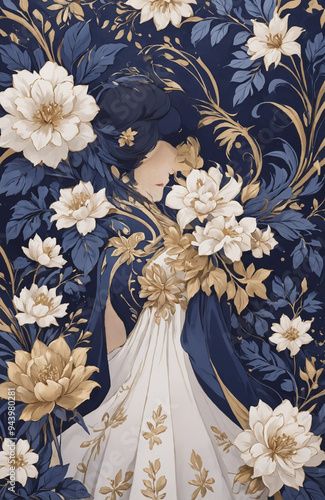 vintage royal navy blue with elegant white and gold flowers pattern