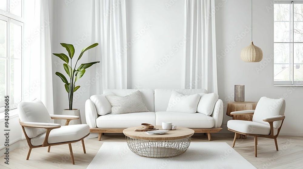 Bright minimalist living room featuring white furniture, a wooden coffee table, natural decor elements, and large windows allowing ample natural light. Bright minimalist living room featuring white furniture, a wooden coffee table, natural decor elements, and large windows allowing ample natural light.