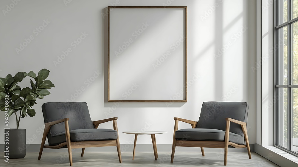 Fototapeta premium Elegant minimalist living room featuring gray armchairs with wooden frames, a small white table, and natural light, creating a serene and sophisticated atmosphere.