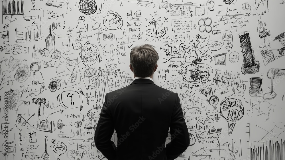 A businessman analyzes complex ideas on a detailed wall of sketches and notes in a modern office environment during daytime A businessman analyzes complex ideas on a detailed wall of sketches and notes in a modern office environment during daytime
