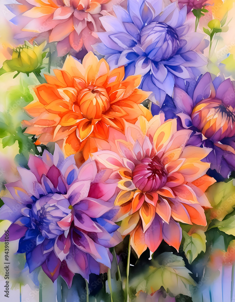 Obraz premium vibrant bouquet of dahlias in an array of colors, from pink, orange, purple and violet 